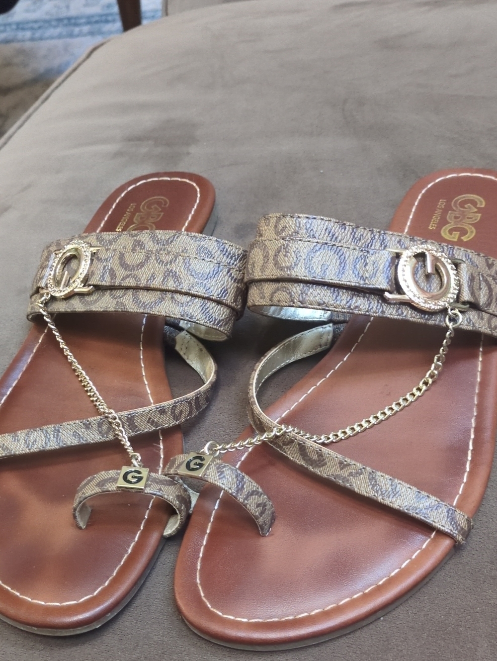 G by Guess Brown Monogram Chain Toe-Ring Sandals with Gold Hardware
